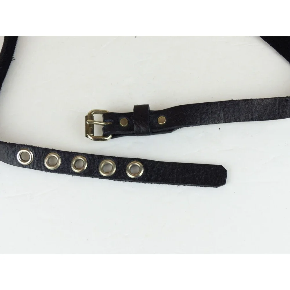Black Pebbled Genuine Leather Grommet Belt Size 34 Narrow Punk Goth Y2K Rock Emo